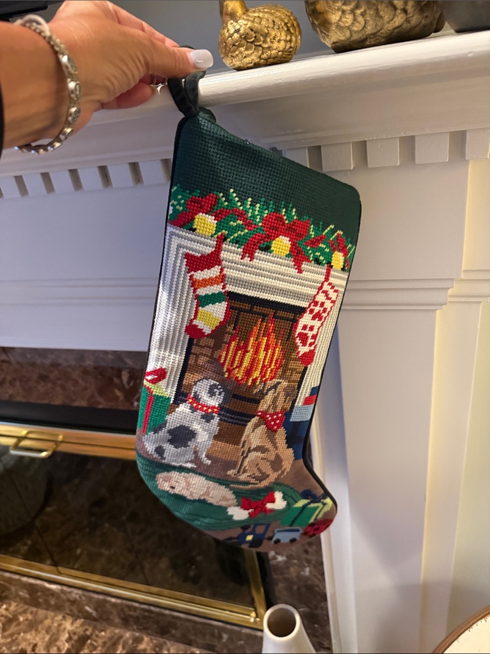 LANDS END Needlepoint Fireplace /Dogs Christmas Stocking